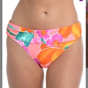 La Blanca Hot Coral & Green Tropical Isla Shirred Bikini Bottoms - Size 16